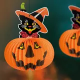 Kép 2/3 - Halloween-i tökös lampion macskával, akasztható, 26cm