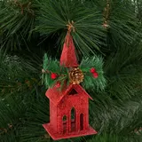 Kép 3/3 - Family karácsonyi glitteres templom akasztóval, piros, 16x6,5cm