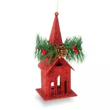 Kép 1/3 - Family karácsonyi glitteres templom akasztóval, piros, 16x6,5cm