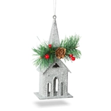 Kép 1/3 - Family karácsonyi glitteres templom akasztóval, ezüst, 16x6,5cm