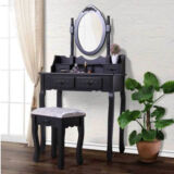 Kép 2/3 - Rome tükrös fésülködőasztal székkel, fekete