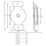 Kép 2/2 - Felcsavarozható, szimpla kötélcsiga, műanyag görgő, D=40, d=6-hoz, 300kg
