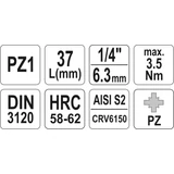 Kép 3/3 - Yato Csavarbehajtó bit PZ1, 1/4", 37mm