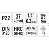 Kép 3/3 - Yato Csavarbehajtó bit PZ2, 1/4", 37mm