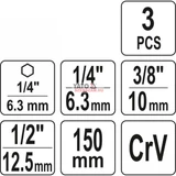 Kép 4/4 - Yato dugókulcs adapter, bitbefogású, 1/4", 150mm, 3 részes