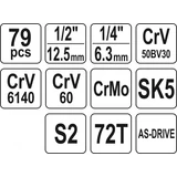 Kép 5/5 - Yato Kombinált szerszám és dugókulcs készlet 1/4"-1/2", 10-32mm, 79db-os