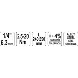 Kép 3/3 - Yato nyomatékkulcs, 1/4", 2.5-20Nm, 240-250mm
