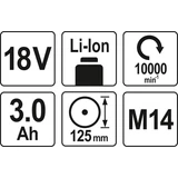 Kép 4/4 - Yato Akkus Sarokcsiszoló 18V, 125mm (2x3.0 akkuval és töltővel)