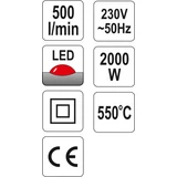 Kép 3/5 - Yato Hőlégfúvó tartozékokkal, LCD kijelzővel 2000W, 550°C 
