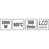 Kép 4/6 - Yato Hőlégfúvó tartozékokkal, LCD kijelzővel 2000W, 600°C 