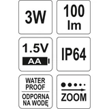 Kép 5/5 - Yato Zseblámpa, LED, fém ház, 100lm, 3W, 100x25mm