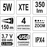 Kép 3/3 - Yato Zseblámpa LED, IP X4, 5W, 350lm
