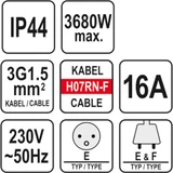 Kép 2/2 - Yato Elektromos, gumírozott hosszabbító, 3-as elosztó, IP44, 20m