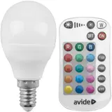 Kép 1/2 - Avide Smart LED izzó távirányítóval, kis gömb, színes+fehér, E14, 4.9W