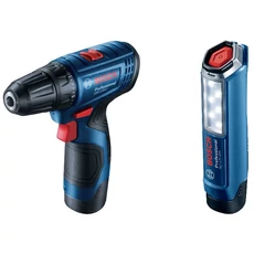 Bosch GSR 120-LI akkus fúrócsavarozó zseblámpával kofferban, 12V, 10mm (2db 2Ah akkuval és töltővel)
