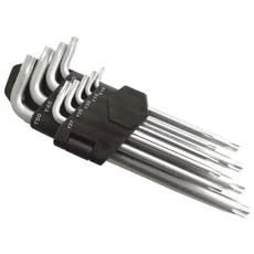Torx kulcs klt., Cr40. 9db, egyik vége lyukas; T10,15,20,25,27,30,40,45,50, bliszteren