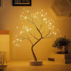 Family LED-es asztali fa dekoráció, melegfehér, érintőgombos, elemes, USB-s