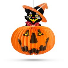Halloween-i tökös lampion macskával, akasztható, 26cm
