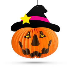 Halloween-i tökös lampion kalapban, akasztható, 26cm