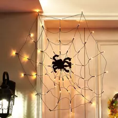 Pókháló fényfüggöny pókkal, melegfehér, LED, USB-s, 60db