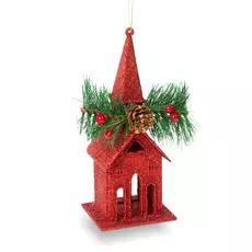 Family karácsonyi glitteres templom akasztóval, piros, 16x6,5cm