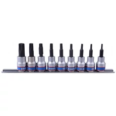 King Tony 9 részes 3/8˝-os 5-szögű furatos torx bitfej készlet sínen King Tony 9 részes 3/8˝-os 5-szögű furatos torx bitfej készlet sínen
