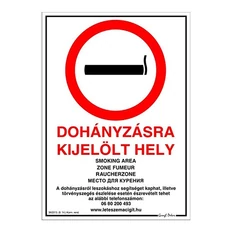 Műanyag tábla, A4, &quot;Dohányzásra kijelölt hely&quot;