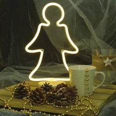 Neonfényű angyalka ablakdísz, meleg fehér, elemes, 32cm