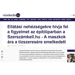 Ellátási nehézségekre hívja fel a figyelmet az építőiparban a Szerszámkell.hu - A maszkok ára a tízszeresére emelkedett