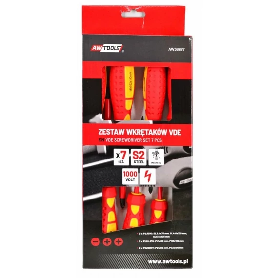 AWTools csavarhúzó készlet, szigetelt, mágneses, 75-125mm, SL, PH, PZ, 7db