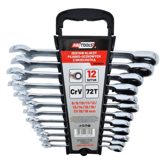 AWTools csillag-villáskulcs készlet, racsnis, irányváltós, 8-19mm, 12db