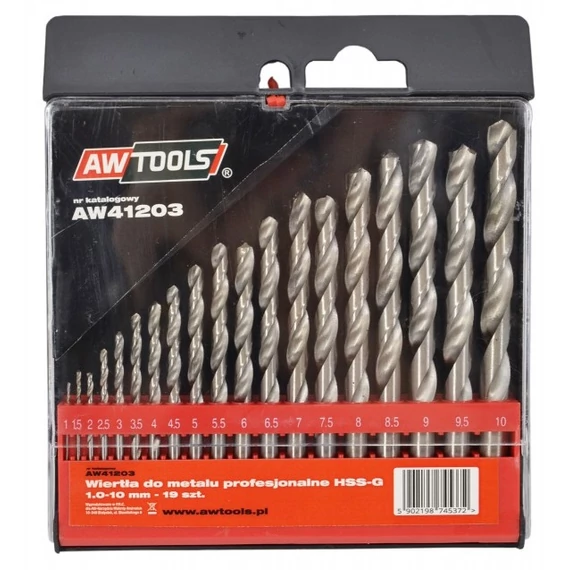 AWTools fémfúrószár készlet, hengeres, HSS-G, 1-10mm, 19db