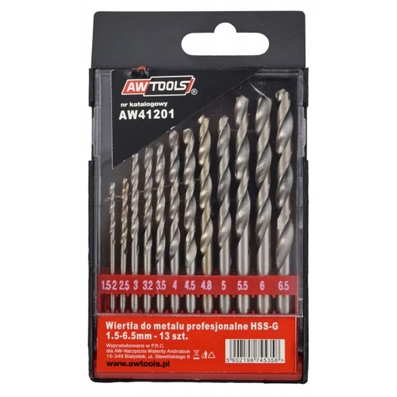 AWTools fémfúrószár készlet, hengeres, HSS-G, 1.5-6.5mm, 13db