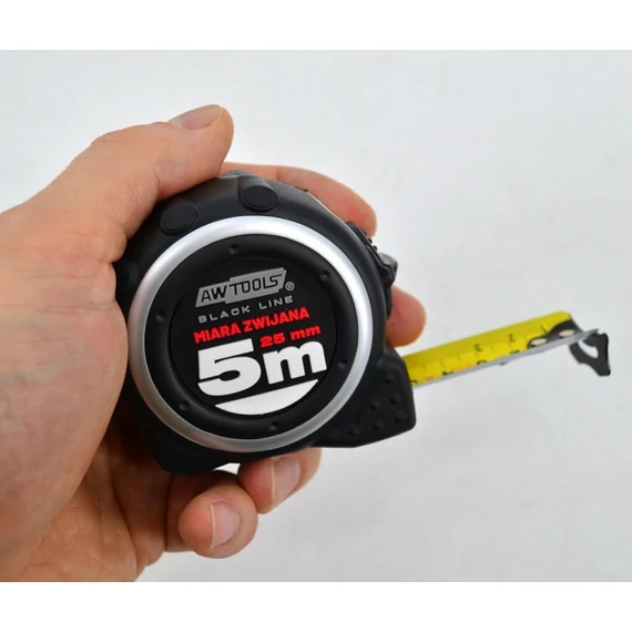 AWTools Black Line mérőszalag, Auto Stop, ABS, 5mx2.5cm