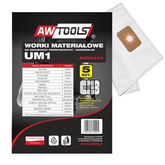 AWTools ipari porszívózsák, UM1, 5db
