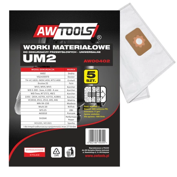 AWTools ipari porszívózsák, UM2, 5db