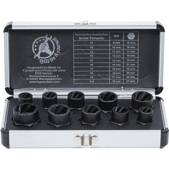 BGS-20210 Spirálbites dugókulcskészlet, csavarkiszedő, 10mm (3/8") 9-19mm, 10 darabos