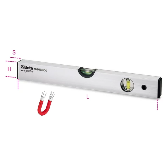 Beta 1696B/300 mágneses vízmérték eloxált alumíniumból, 2 törésbiztos libella, pontosság: 1 mm/m, 300 mm