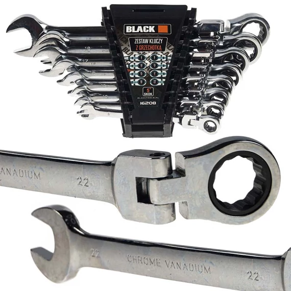 Black 16208 csuklós racsnis csillag-villáskulcs készlet, CrV, 8-22mm, 8db-os