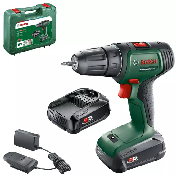 Bosch Universal Drill 18V akkus fúró-csavarozó kofferben, 18V, 10mm (2x1.5Ah akkuval és töltővel)