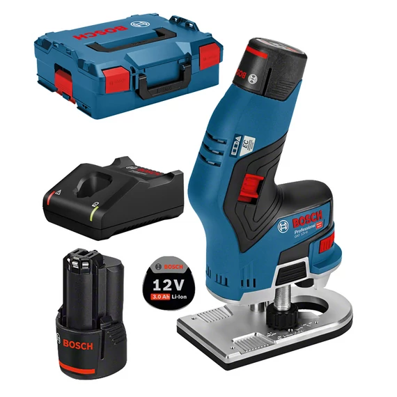Bosch GKF 12V-8 akkus élmaró kofferben, 12V, 6-8mm (2db 3Ah akkuval és töltővel)