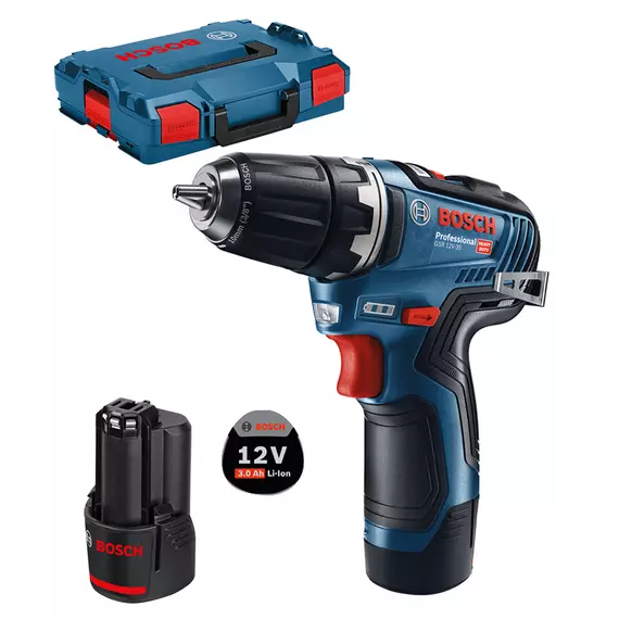 Bosch GSR 12V-35 akkus fúrócsavarozó kofferban, 12V, 10mm (2db 3Ah akkuval és töltővel)