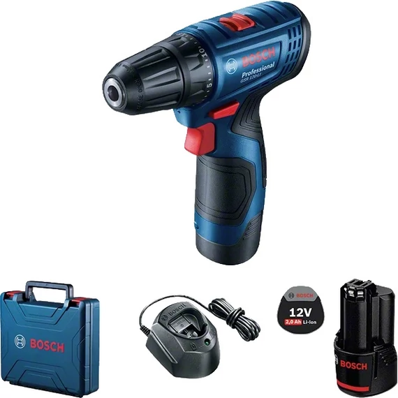 Bosch GSR 120-LI akkus fúrócsavarozó kofferban, 12V, 10mm (2db 2Ah akkuval és töltővel)