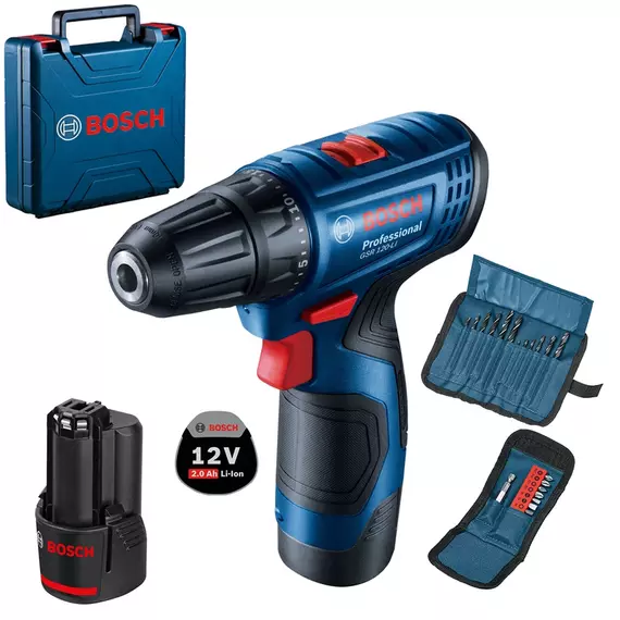 Bosch GSR 120-LI akkus fúrócsavarozó kofferban, tartozékokkal, 12V, 10mm (2db 2Ah akkuval és töltővel)