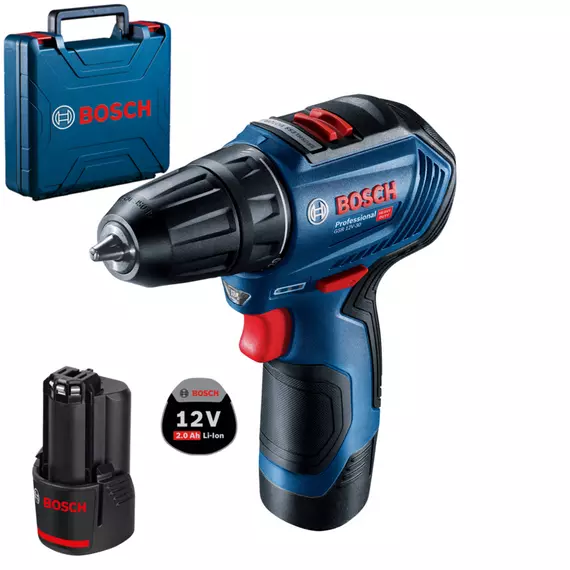 Bosch GSR 12V-30 akkus fúrócsavarozó kofferben, 12V, 10mm (2db 2Ah akkuval és töltővel)