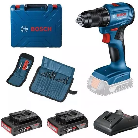 Bosch GSR 185-LI akkus fúrócsavarozó készlet kofferben, 18V, 13mm (2db 2Ah akkuval és töltővel)