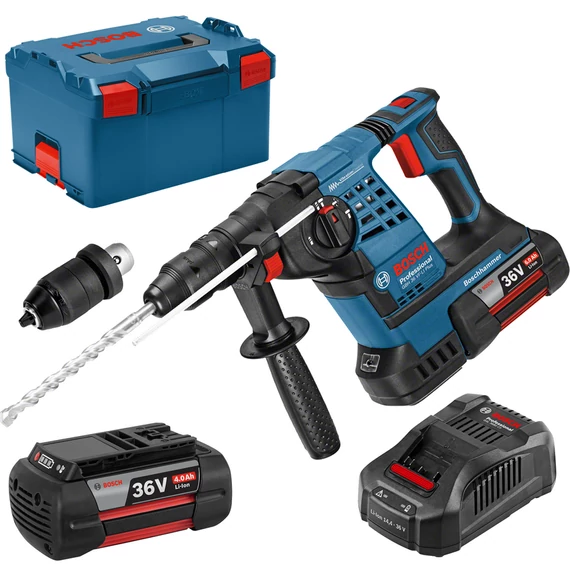 Bosch GBH 36 VF-LI Plus akkus fúrókalapács fúrótokmánnyal, SDS-Plus, 36V (2db 4Ah akkuval és töltővel)