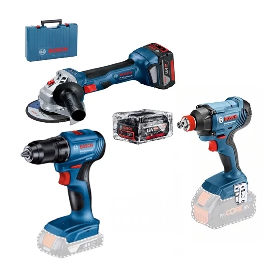 Bosch akkus szerszámgép szett, 18V, GSR 185-LI, GDX 180-LI, GWS 180-LI (2x4Ah akku és töltő)