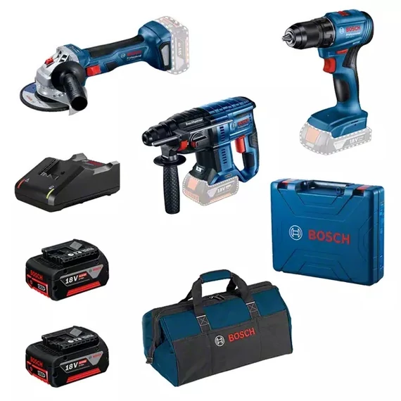 Bosch akkus szerszámgép szett, 18V, GSR 185-LI, GWS 180-LI, GBH 180-LI (2x4Ah akku és töltő)