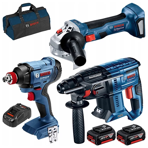 Bosch akkus szerszámgép szett, GBH 180-LI, GWS 180-LI, GDX 180-LI, 18V (2x5Ah akku és töltő)